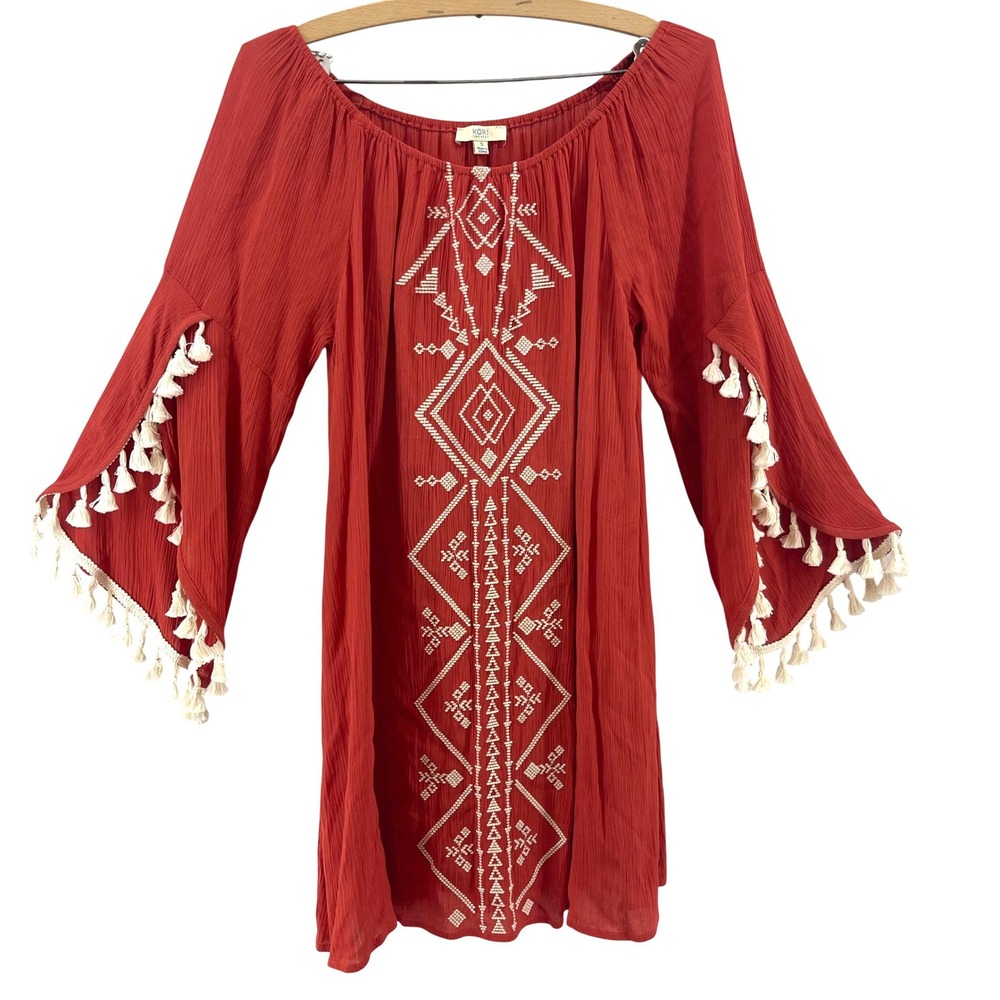 Kori America Embroidered Dress Womens S Red Rust Boho Tassel Bell Peasant Stevie